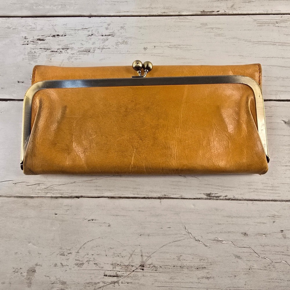Hobo The Original Lauren Clutch Wallet Mustard Yellow Leather Kiss Lock w mirror